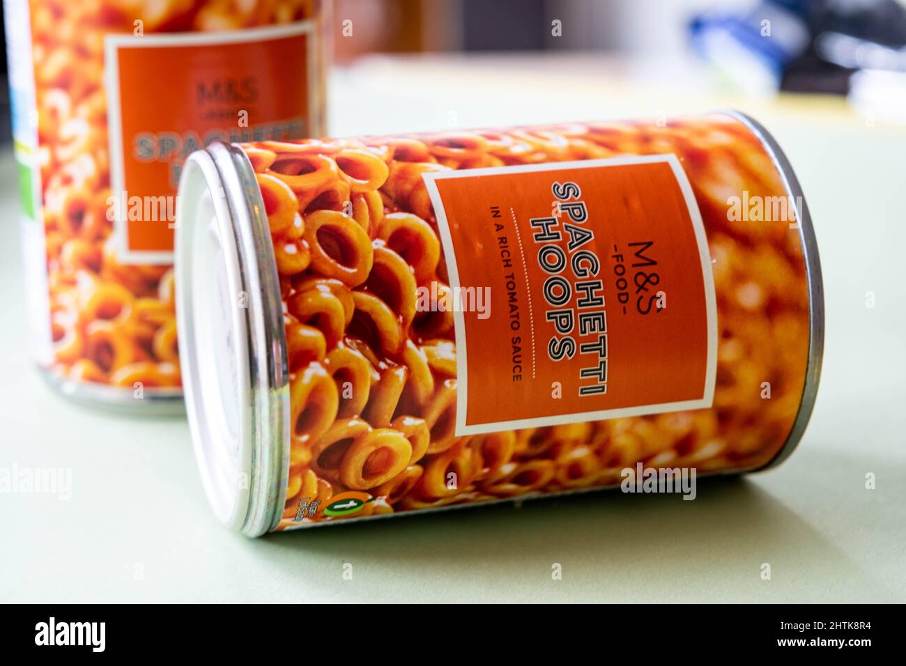 England UK, March 01 2022, Tin Of Marks And Spencer Own Brand Spaghetti Hoops In Tomato Sauce With No People Stock Photo