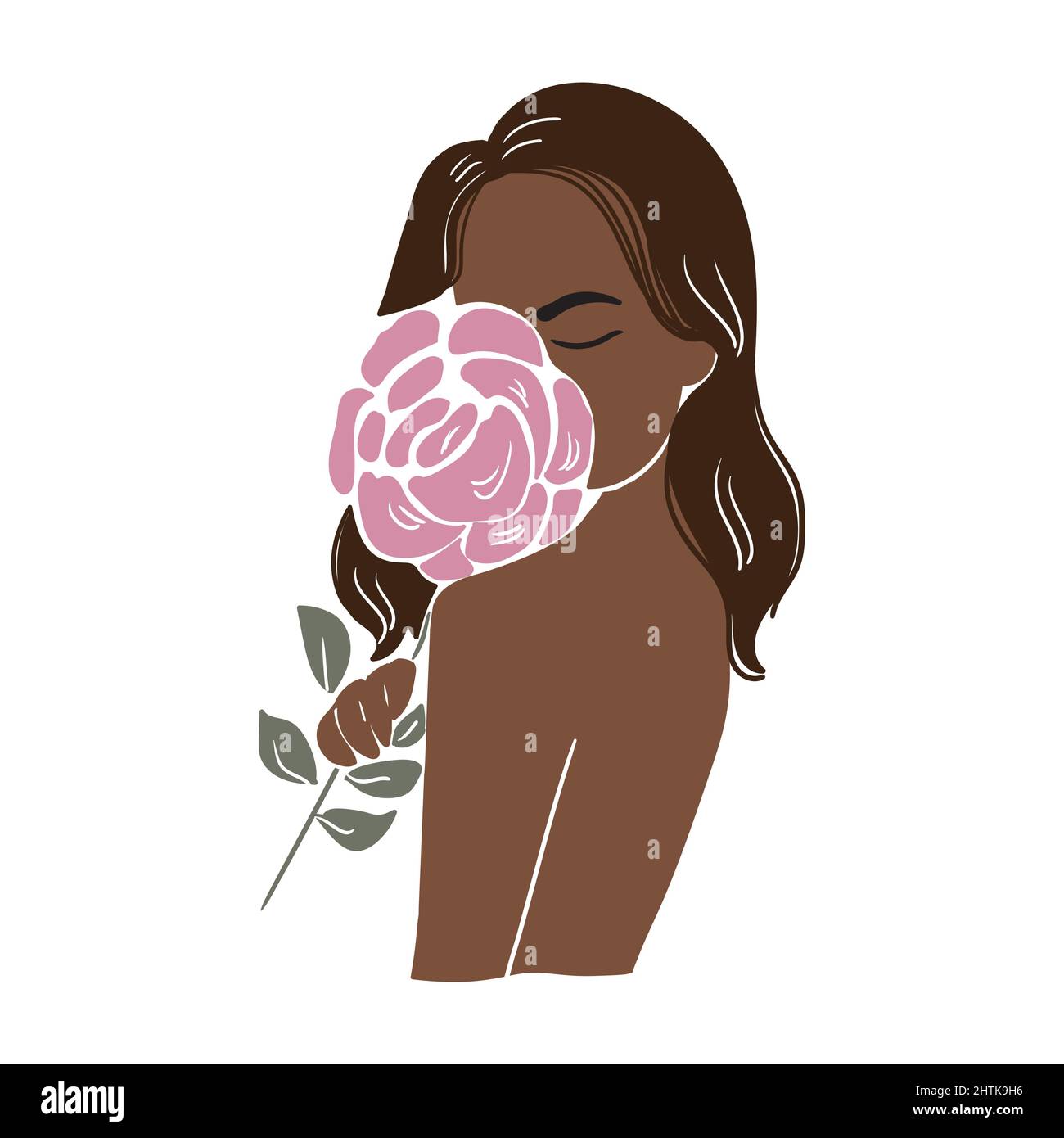 Beautiful woman in boho style with a rose stands with her back. Stock vector illustration isolated on white background. Stock Vector