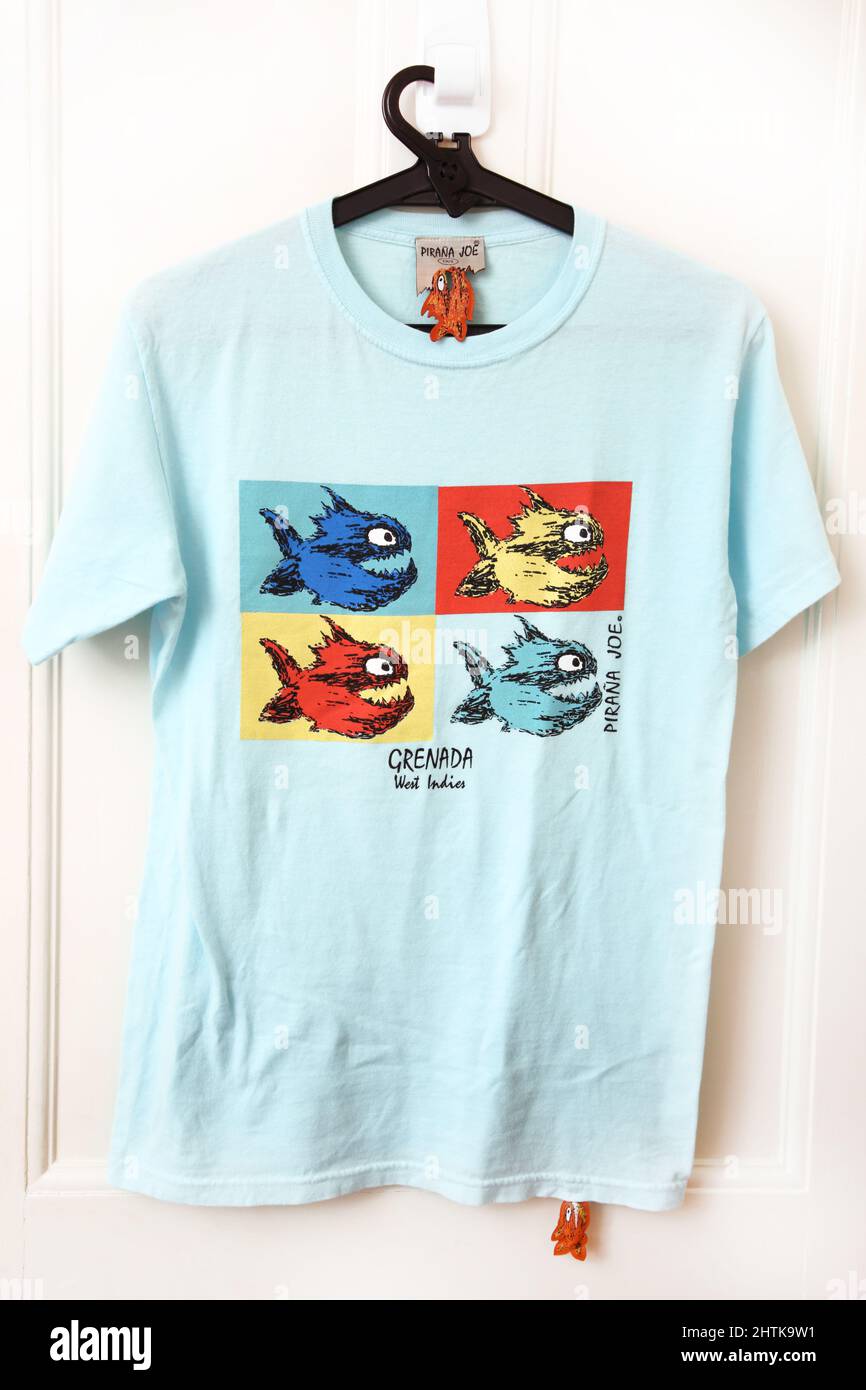 Pirana Joe Grenada Cotton T Shirt With Piranha Fish Design Stock Photo pirana-joe-grenada-cotton-t-shirt-with-piranha-fish-design-stock-photo