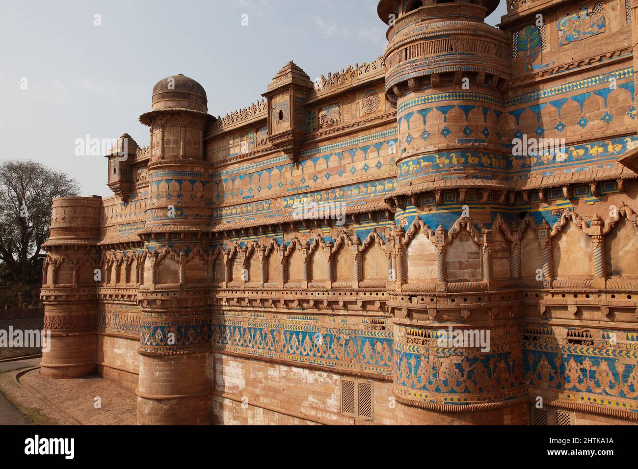 Rounded Bastions lavishly carved with decorative tilework on the South facade of Gwalior Fort , in Gwalior, Madhya Pradesh, India. Stock Photo