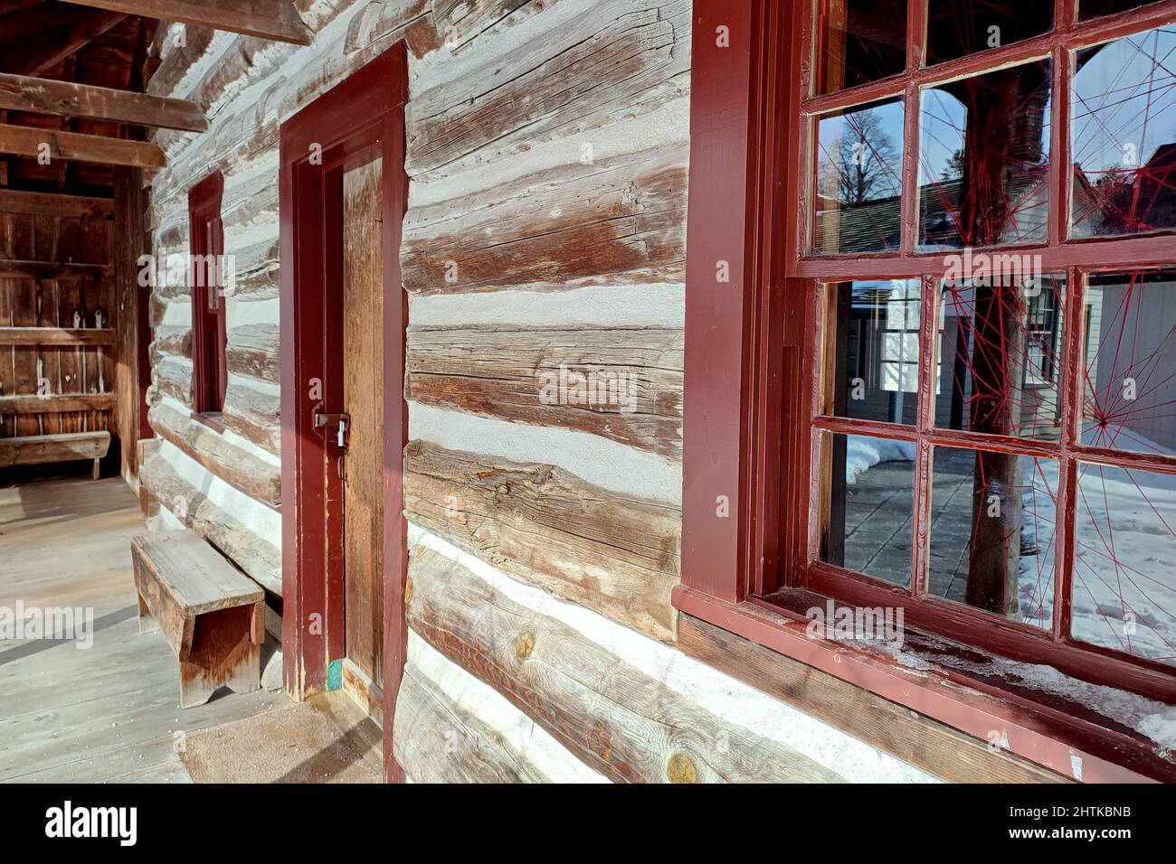 Detail of the log cabin exterior in the public park. Stock Photo