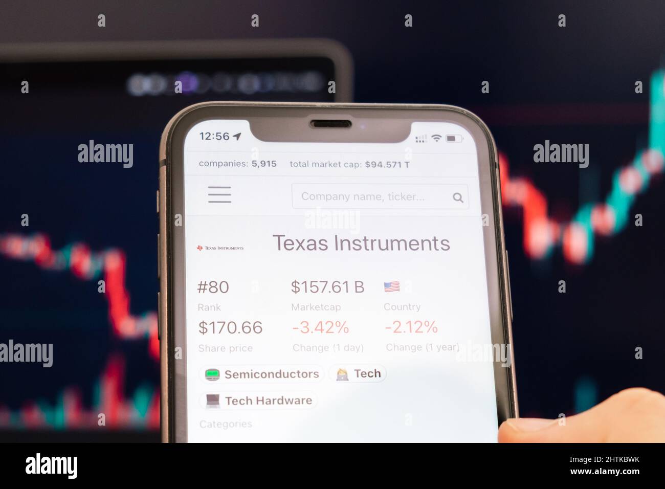 Texas Instruments stock price on the screen of cell phone in mans hand with changing stock market exchange with trading candlestick graph analysis, February 2022, San Francisco, USA Stock Photo