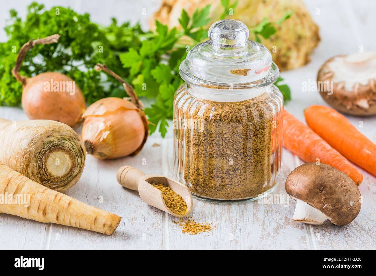 Homemade vegetable broth powder, organic vegetable stock, with raw