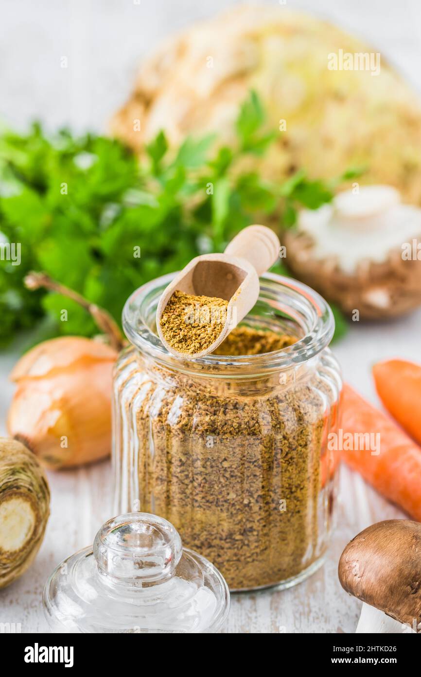 Homemade vegetable broth powder, organic vegetable stock, with raw