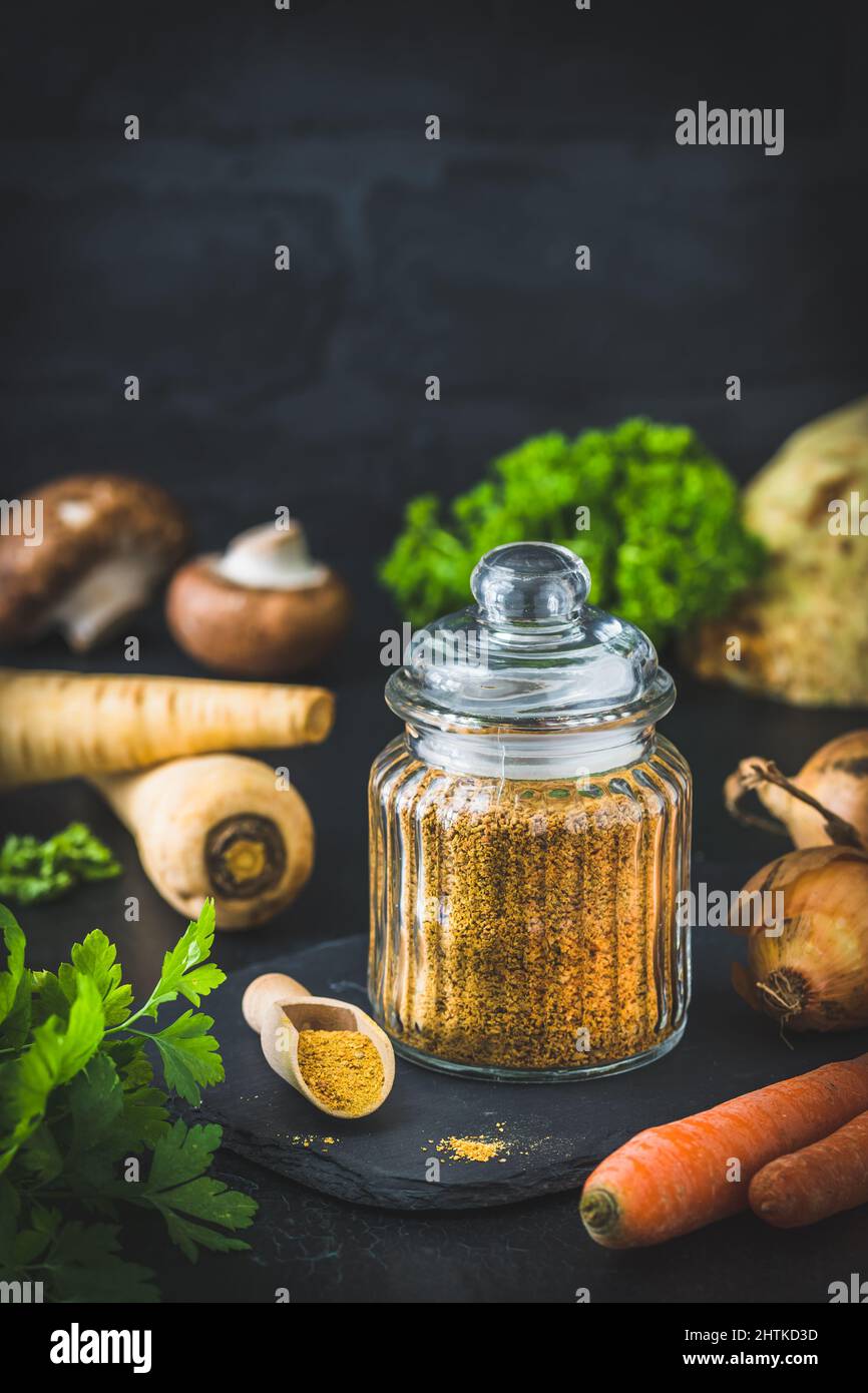 Homemade vegetable broth powder, organic vegetable stock, with raw