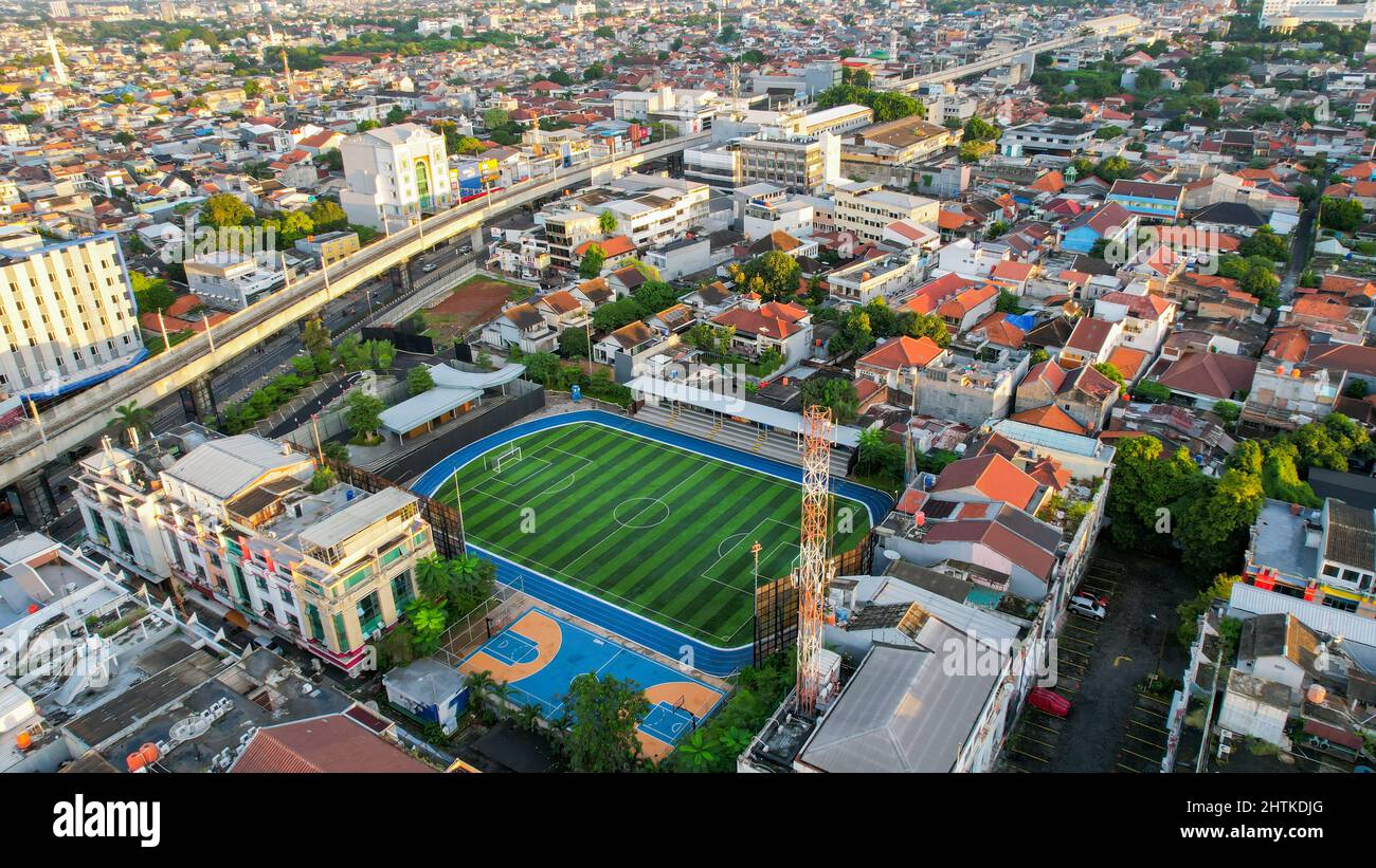 Aerial view of new football stadium BRI Brilian Stadium. Jakarta