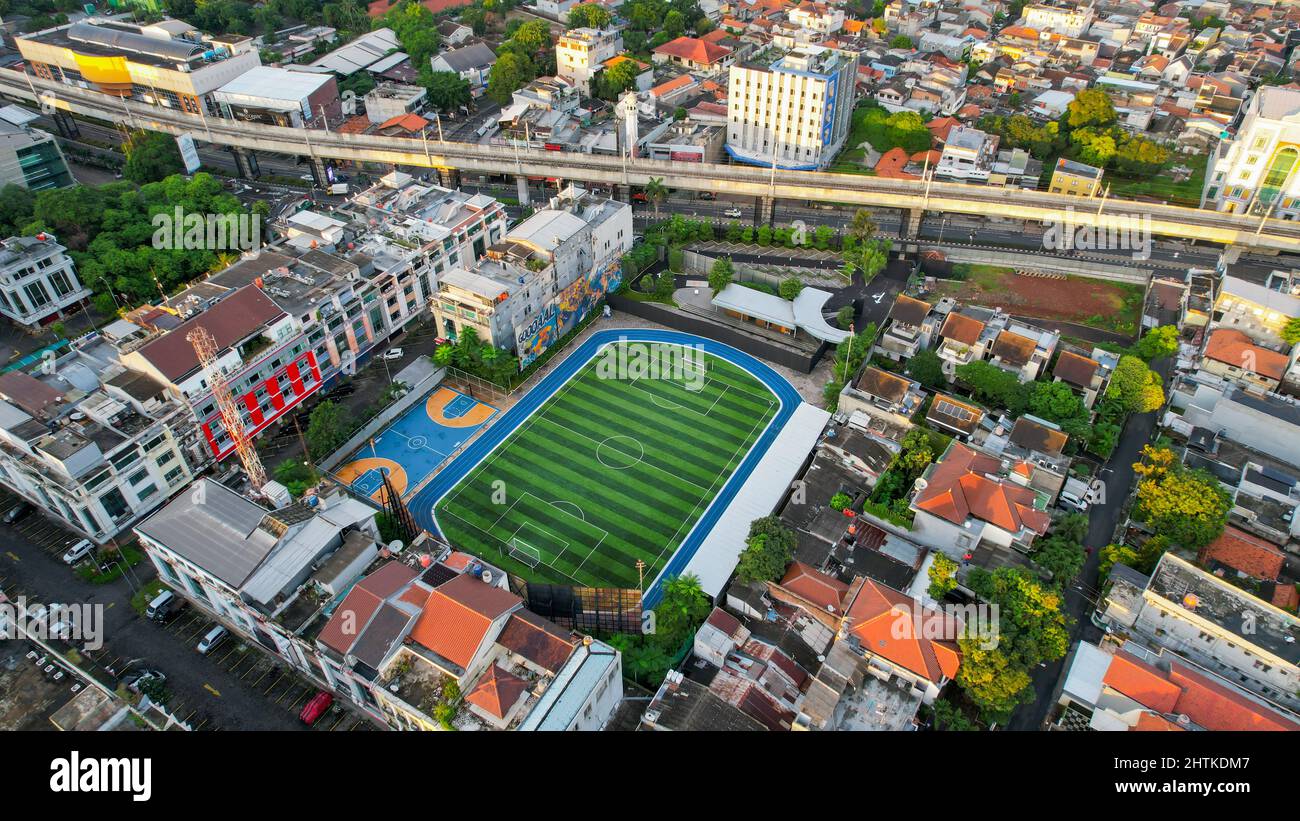Aerial view of new football stadium BRI Brilian Stadium. Jakarta