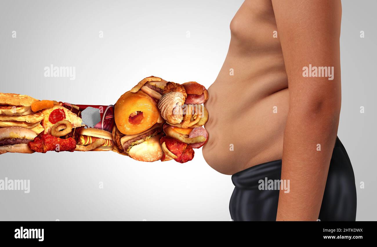 Obesity and pain concept and eating unhealthy diet as a belly ache of an obese person being punched in the stomach with junk food as soda burgers. Stock Photo