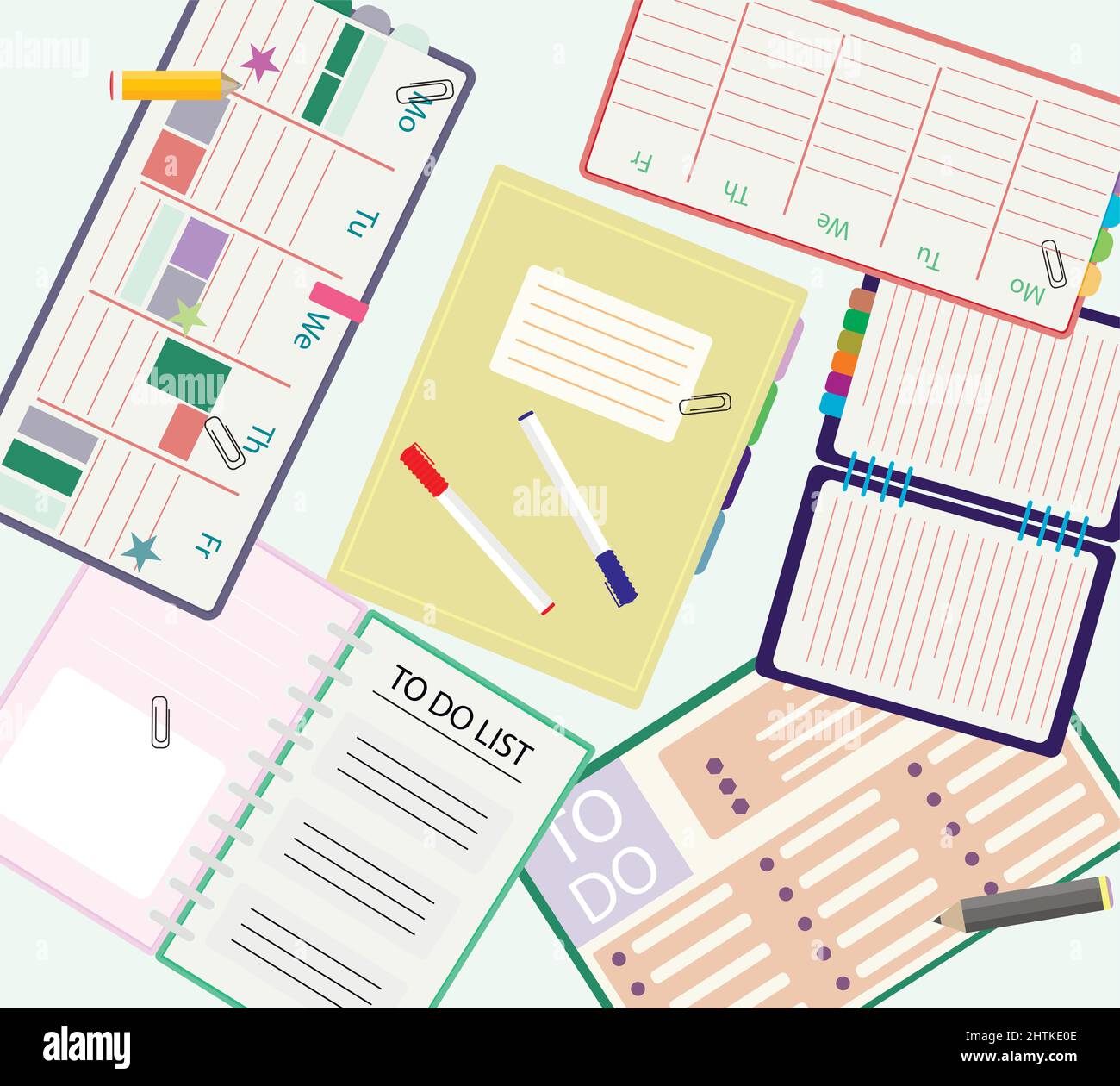 Work process make weekly timetable, top view morning team meeting. Self