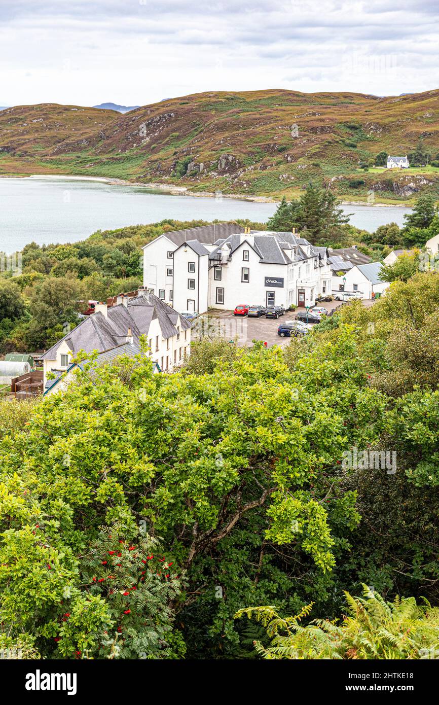 The Morar Hotel in the village of Morar viewed from the viewpoint at the Morar Cross, Highland, Scotland UK Stock Photo