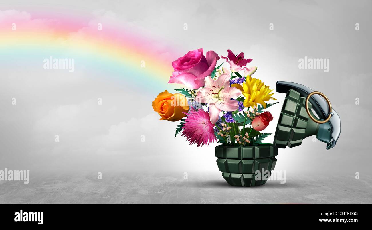 No War concept as a grenade weapon and flowers as a symbol for peace and hope as an unexploded bomb or disarmed explosive device. Stock Photo