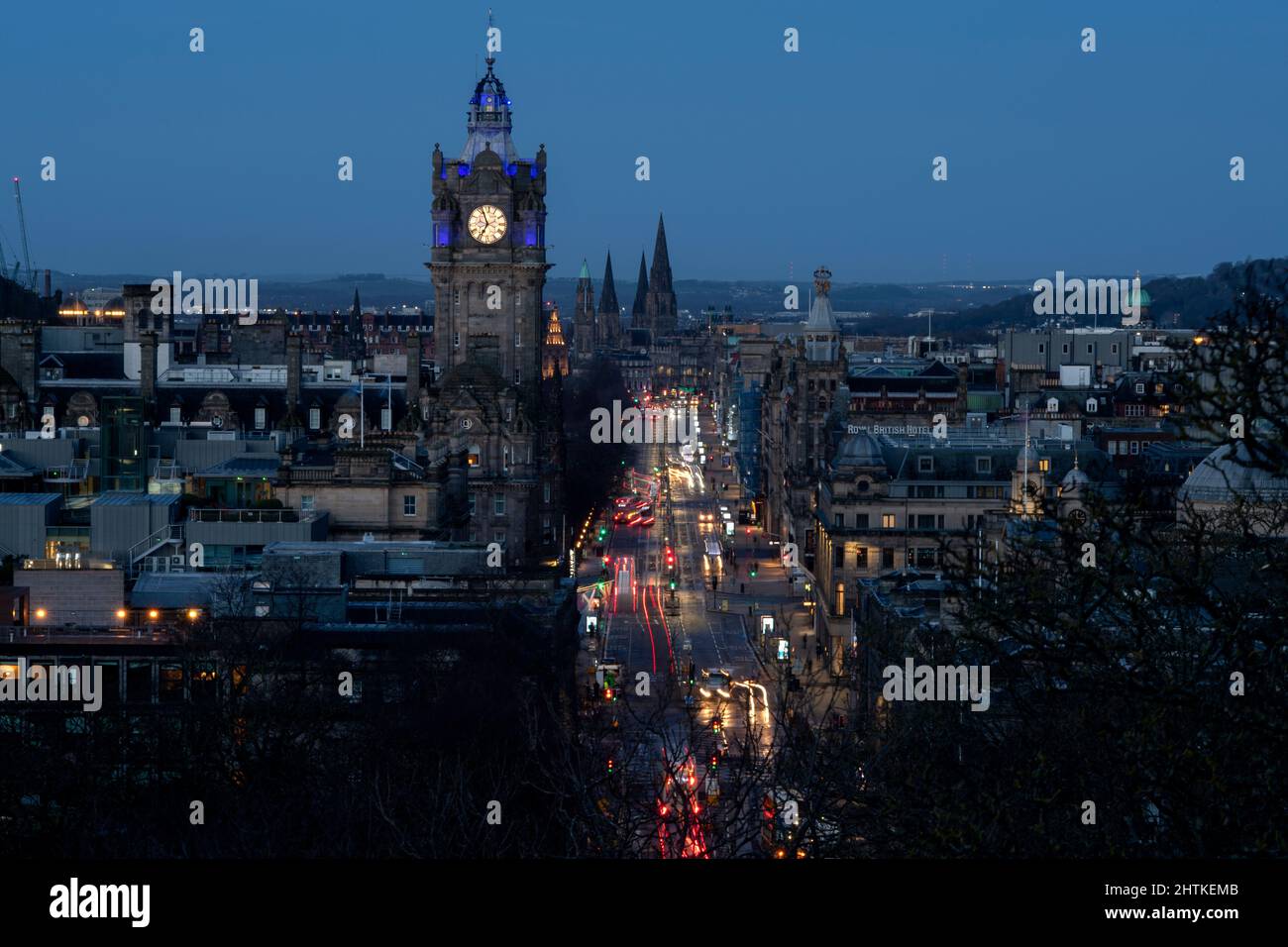 The view down Princes street with the Balmoral Hotel clock tower, Edinburgh, Scotland Stock Photo