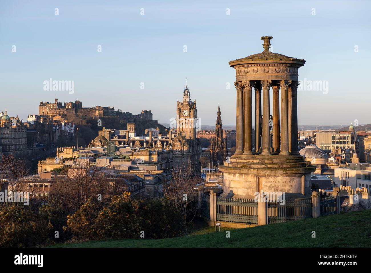 A cityscape view over Edinburgh from the Dugald Stewart Monument on Calton Hill, Edinburgh, Scotland Stock Photo