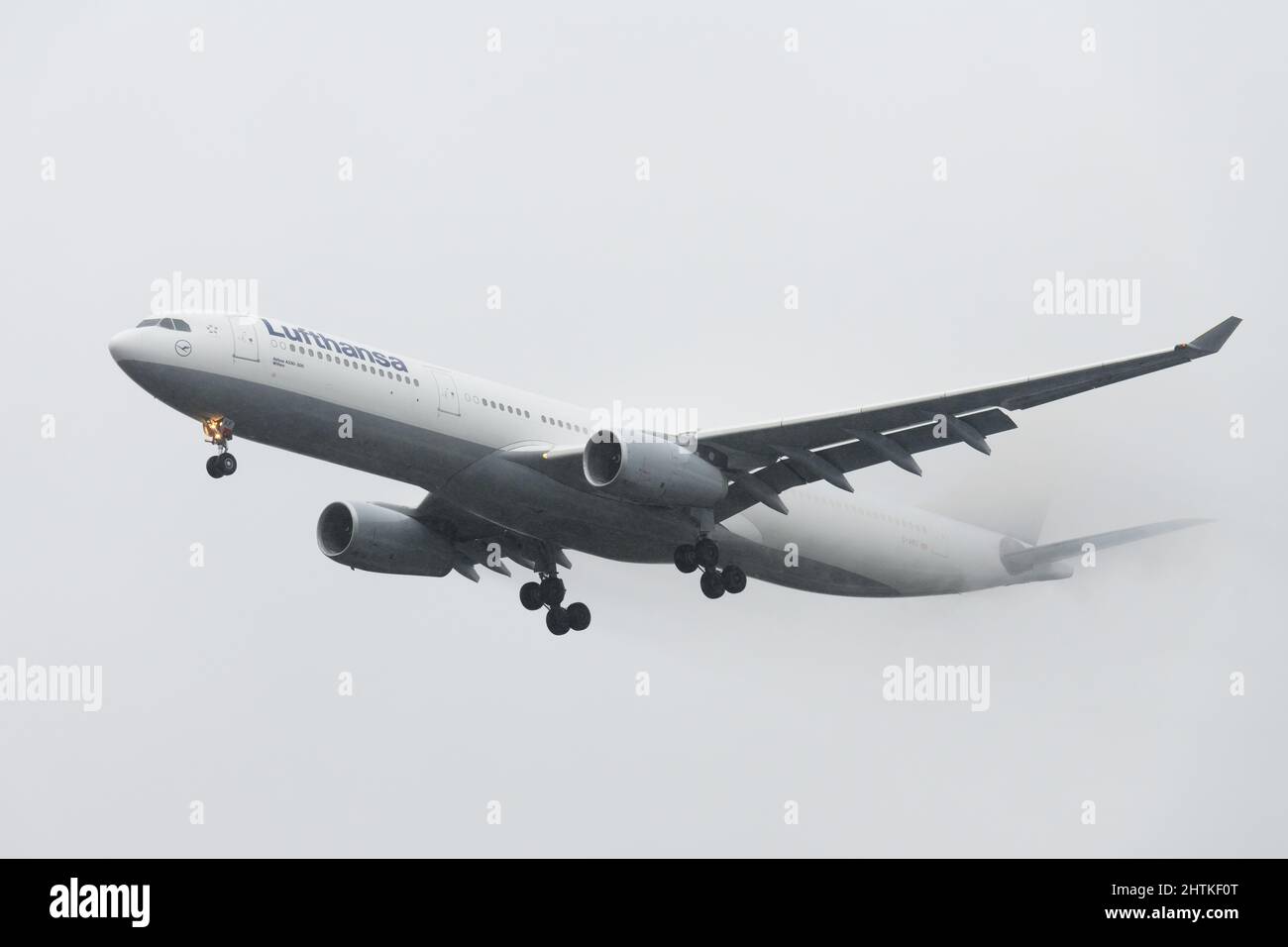 SeaTac, WA, USA - February 28, 2022; Lufthansa Airbus A330 landing during heavy rain at SeaTac on flight from Frankfurt to Seattle Tacoma Stock Photo