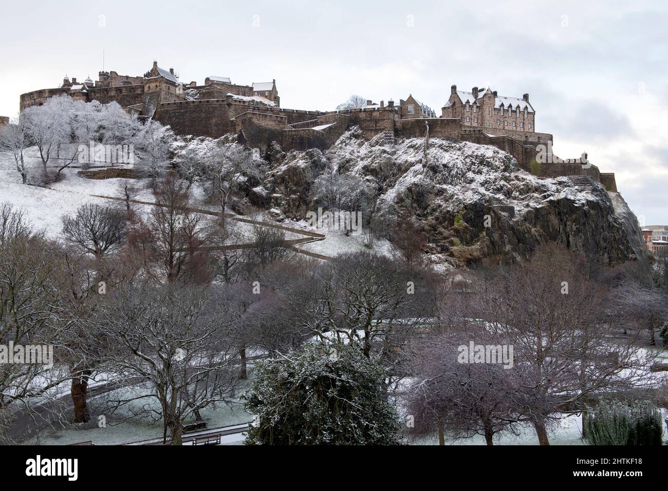 Edinburgh Castle and Princes Street Gardens in the snow, Edinburgh, Scotland Stock Photo