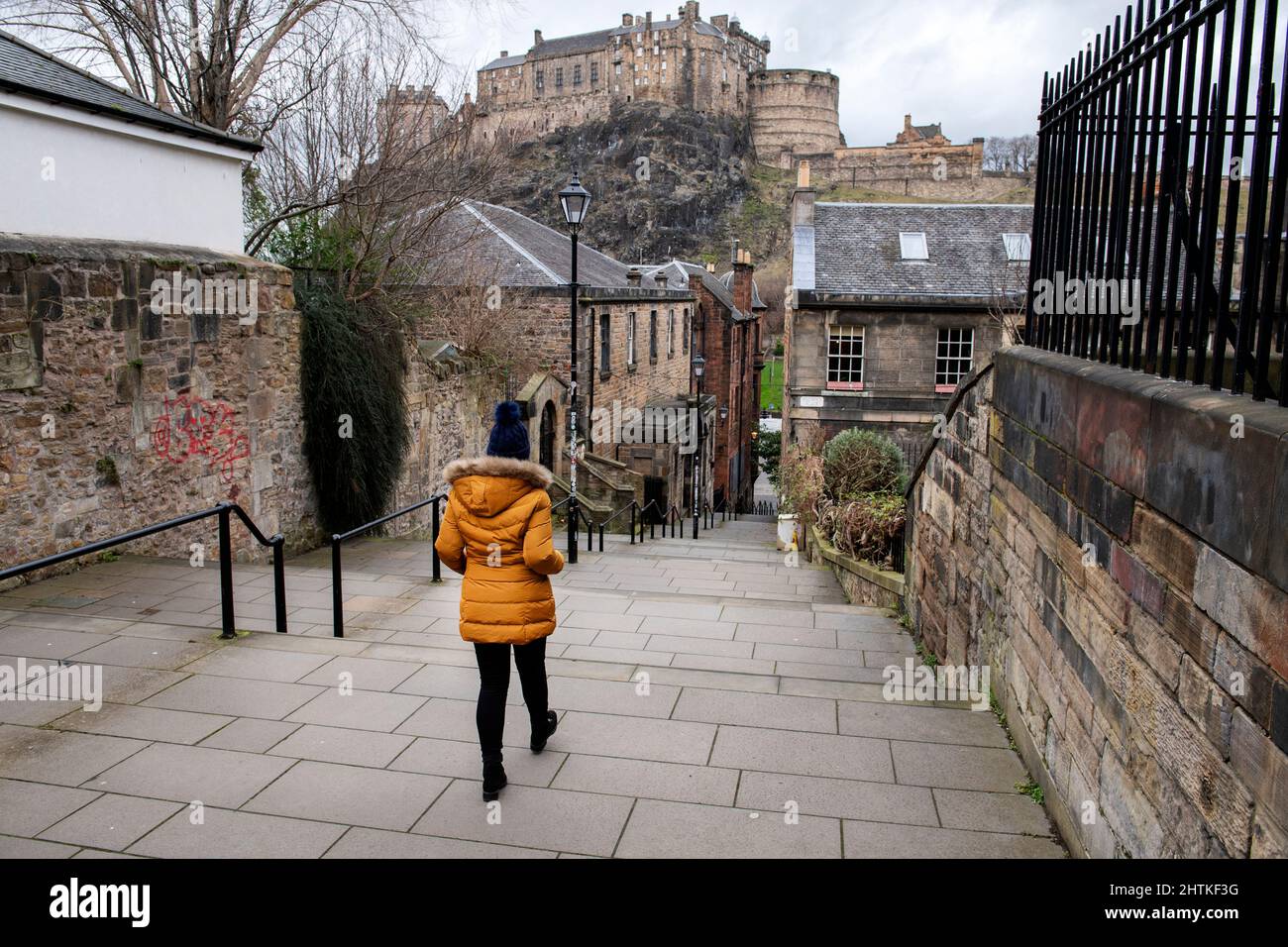 The Vennel Steps with a view of Edinburgh Castle, Grass Market