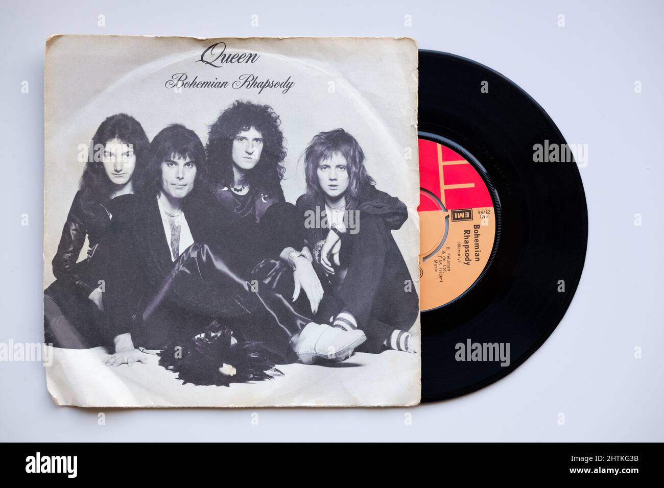 An image of the original 1975 vinyl 45rpm single release of Bohemian Rhapsody by the group Queen. The record is shown in its original picture sleeve Stock Photo