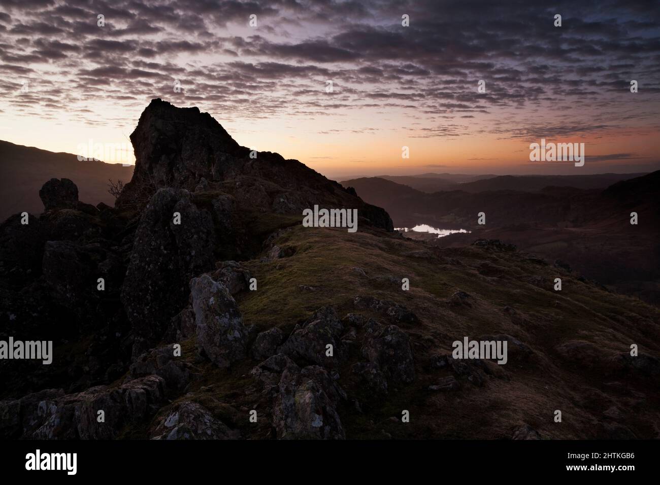 Grasmere from Helm Crag, at dawn in the English Lake Dsitrict Stock Photo