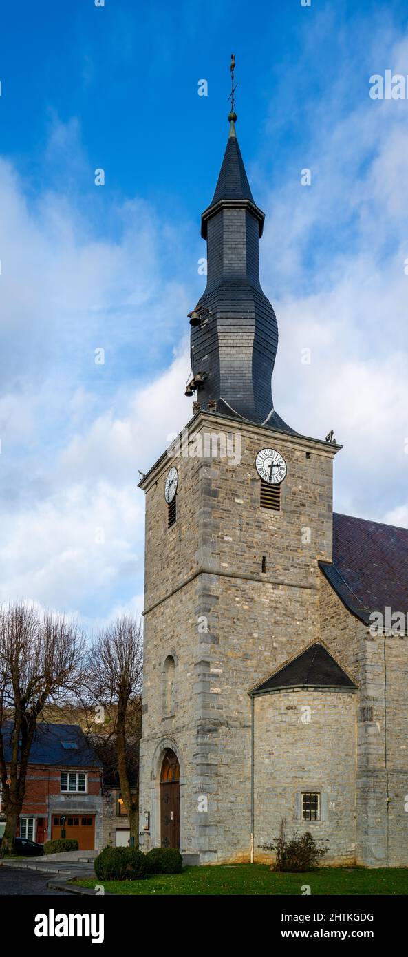 Church tower in the village of Chooz in the French Ardennes Stock Photo