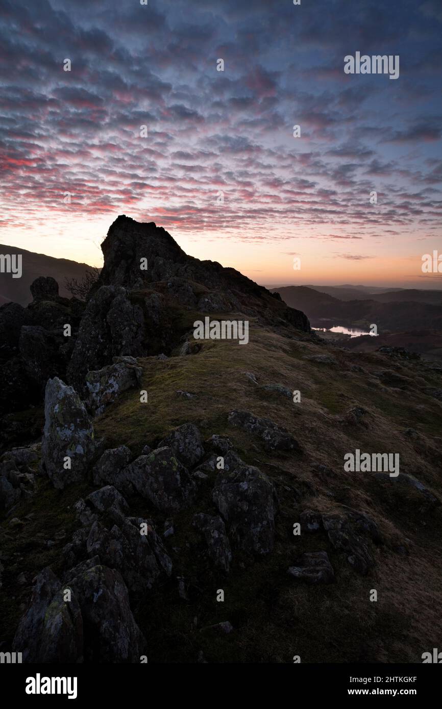 Grasmere from Helm Crag, at dawn in the English Lake Dsitrict Stock Photo