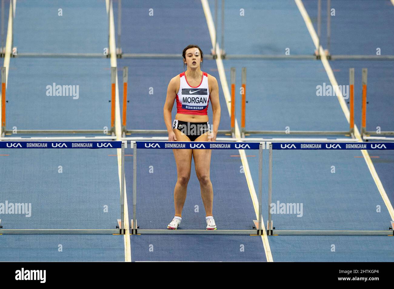 Saturday 26 February : Grace Morgan of  CARDIFF in the 60 Meters Hurdles at the  UK Athletics Indoor Championships and World Trials  Birmingham at the Stock Photo