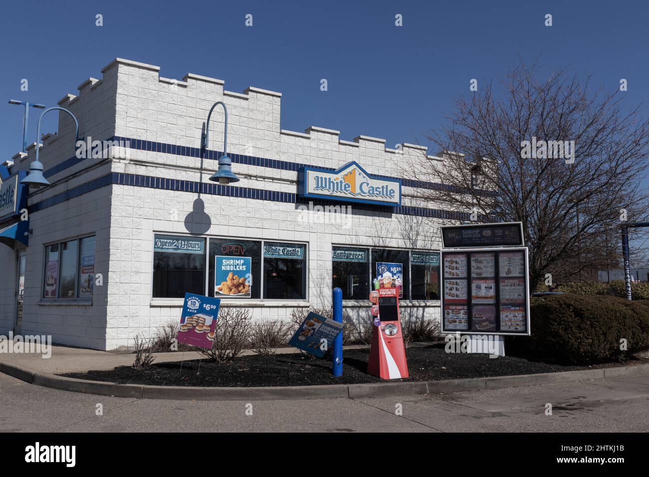 Walton - Circa February 2022: White Castle Hamburger fast food restaurant. White Castle Serves 2 by 2 Inch Sliders. Stock Photo
