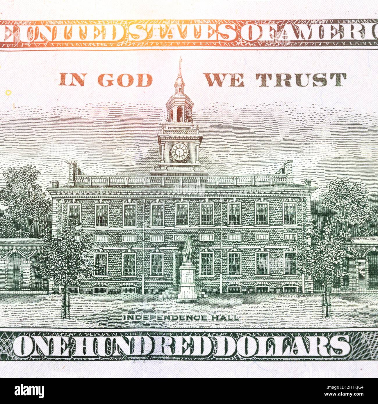 Fragment of the Back side of Independence Hall on 100 one hundred dollars bill banknote. Fragment of bills close-up Stock Photo