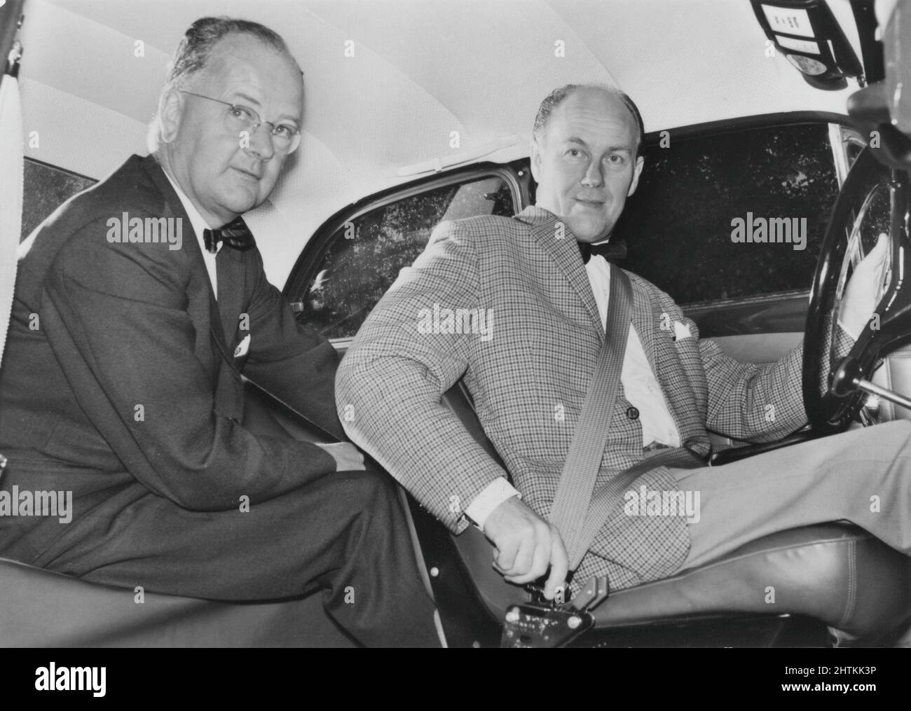 Car safety. Nils Bohlin to the right, 1920-2002. Swedish engineer and the man behind the development of the car safety belt. He patented his variant of the three-point belt 1958 and it was the year later installed as a standard feature in Volvo cars. To the left Tor Berthelius, head of Volvo cars construction section. 1958 Stock Photo