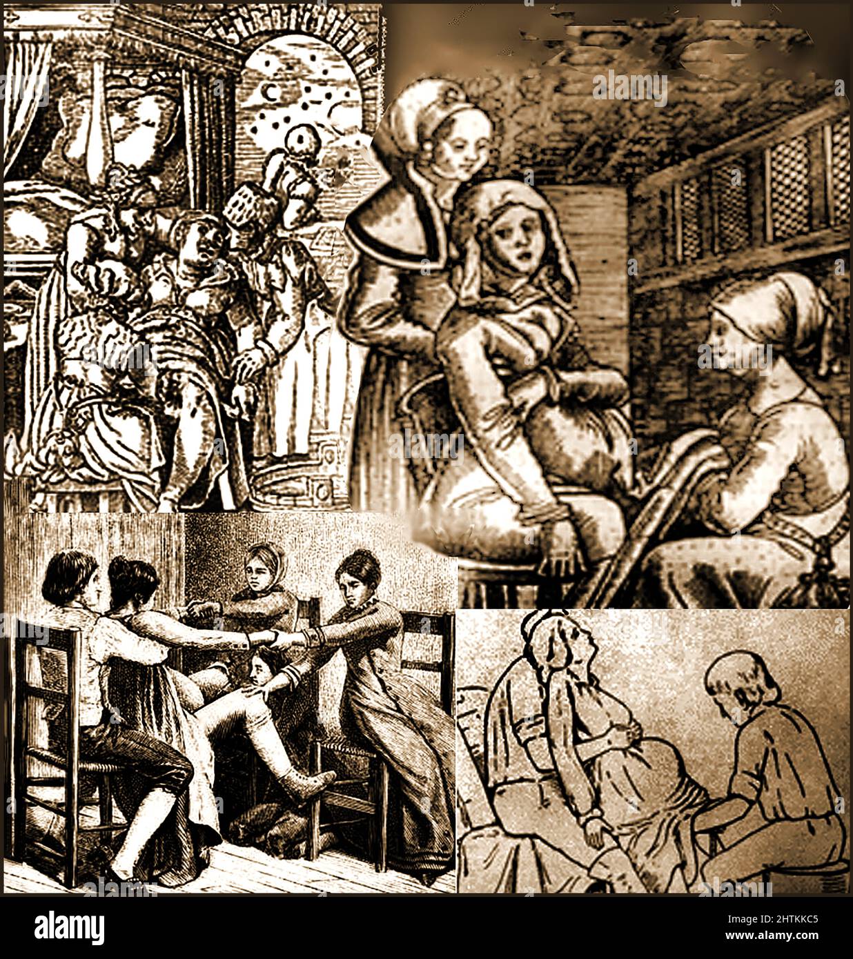 Midwifery through the ages - A composite view of 12th century, medieval, Victorian and early 20th century childbirth. Stock Photo