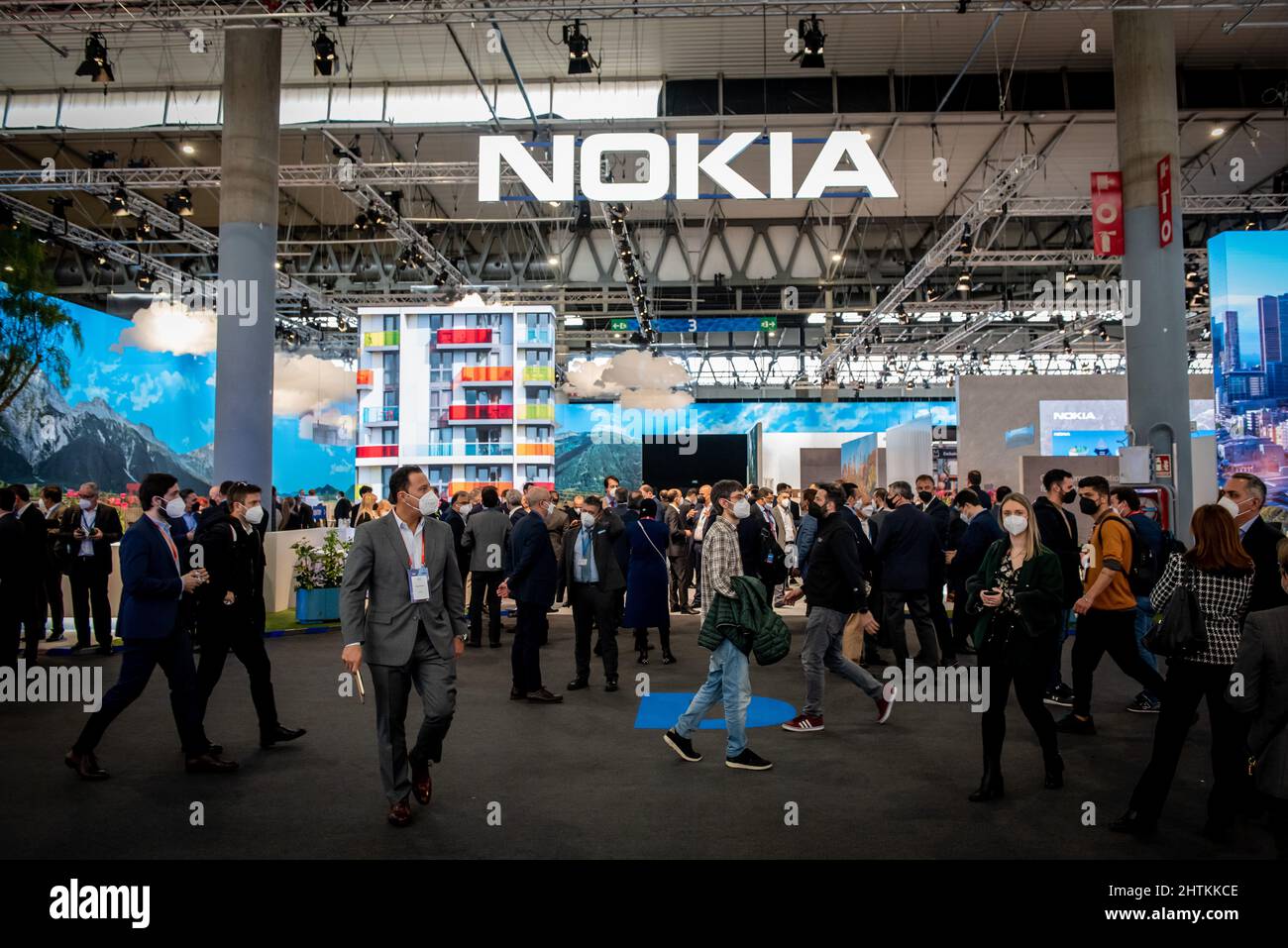 Nokia brand at company's pavilion during the GSMA Mobile World Congress 2022 in Barcelona, the world's most important event on mobile devices communic Stock Photo