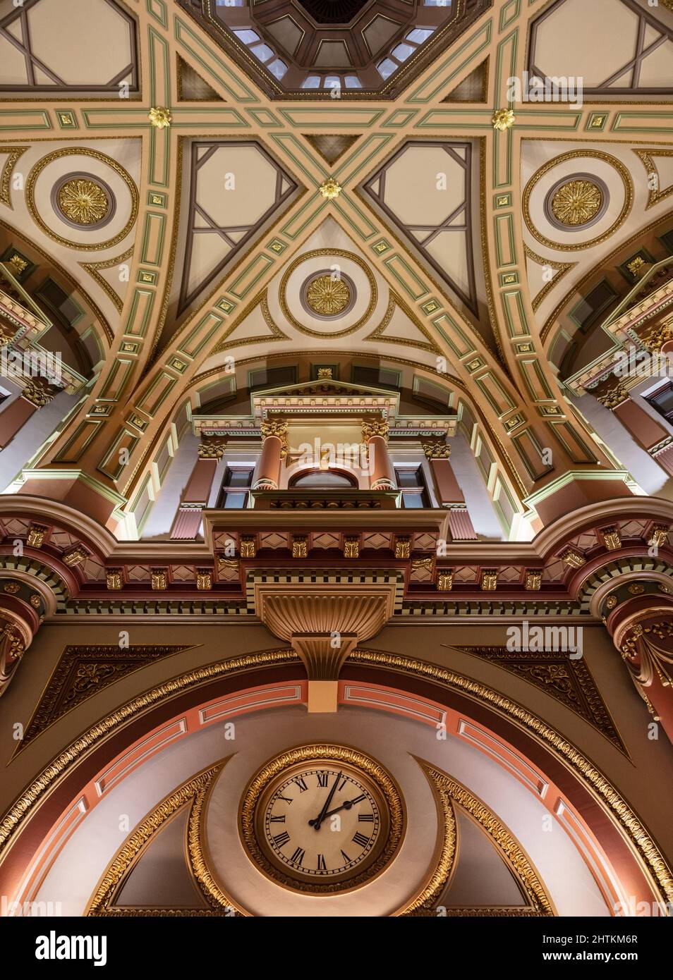 Ornate ceiling of the Banking Chamber of the Head Office of the Commercial Bank of Australia Ltd in Melbourne. 333 Collins Street. Stock Photo