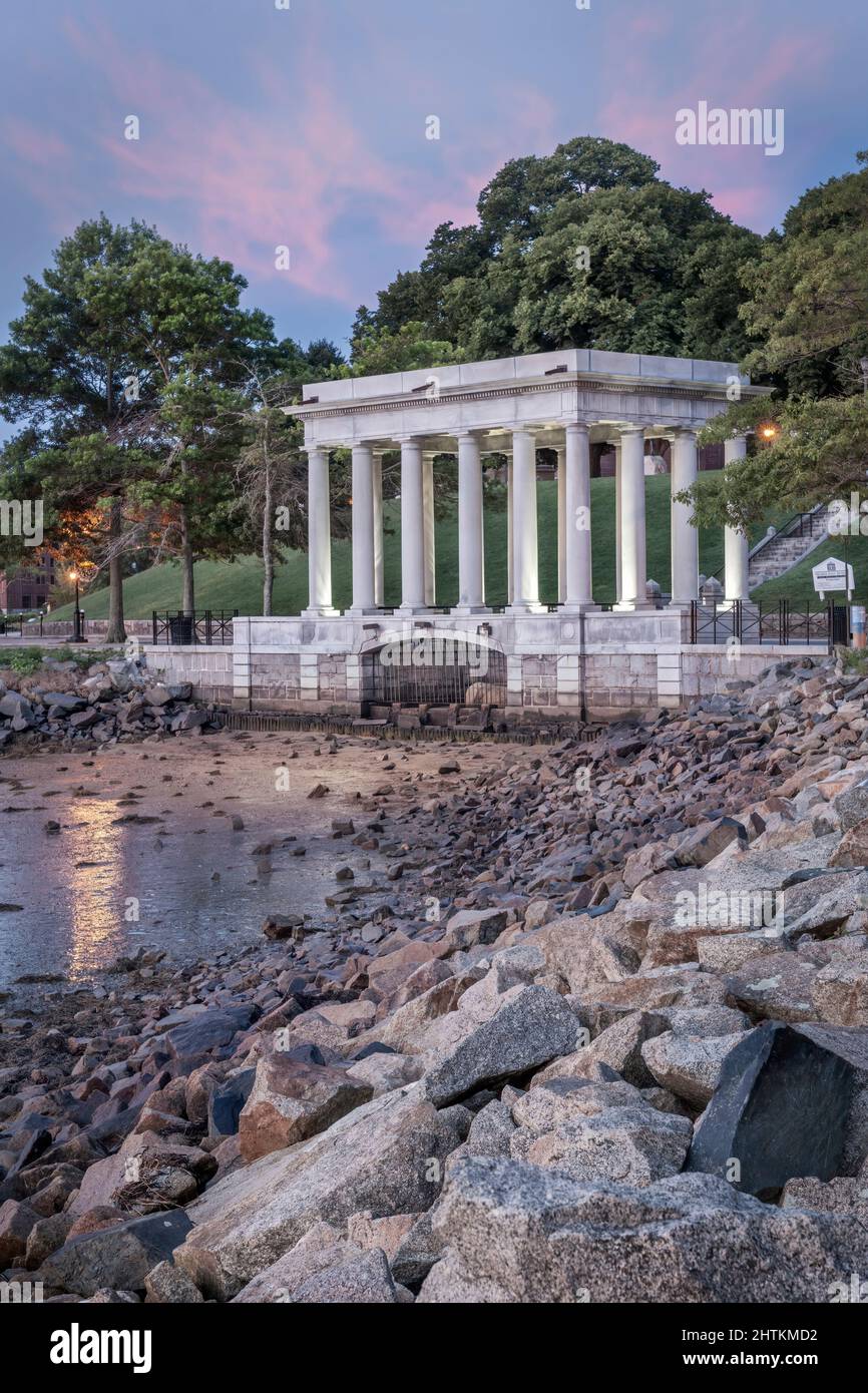 The monument containing the Plymouth Rock, the stone onto which the Mayflower Pilgims disembarked in 1620. Massachusetts - USA. Stock Photo