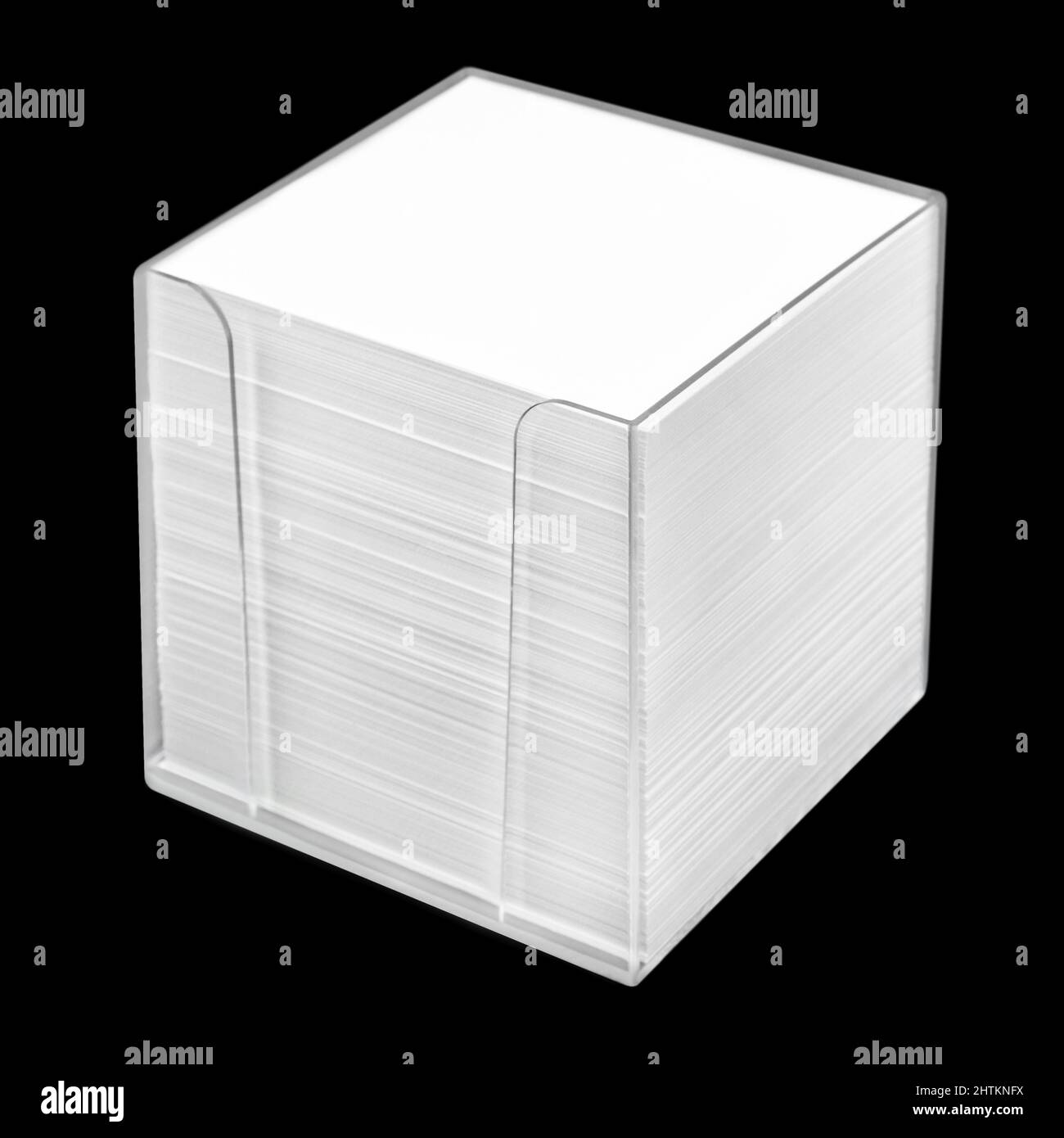 Transparent notepad box with blank paper on black background Stock Photo