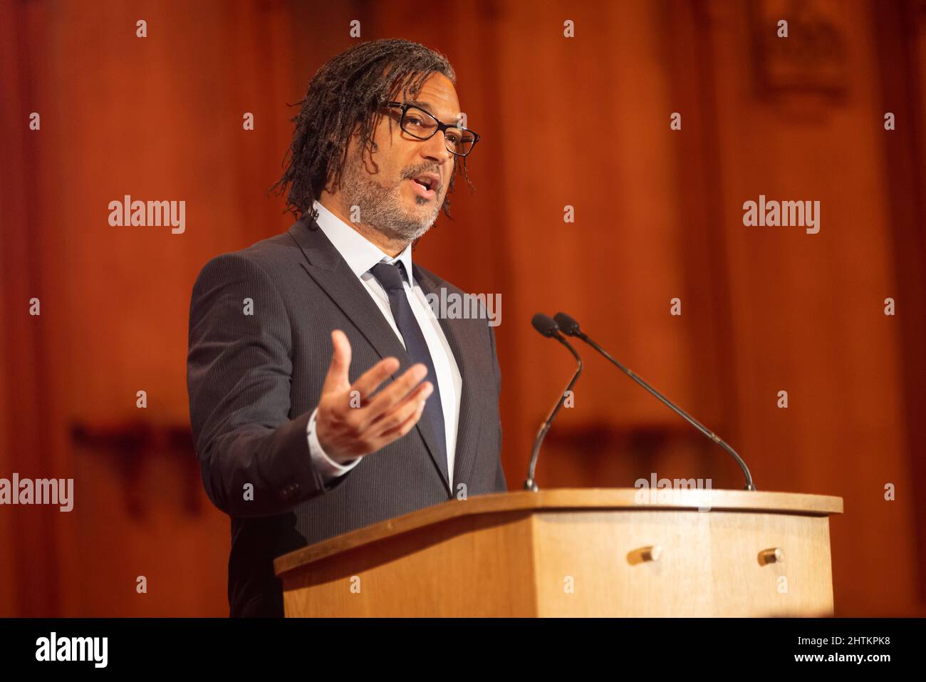 London, UK. 24th February, 2022. Historian and broadcaster Prof David Olusoga OBE delivered the World Traders’ 35th Annual Tacitus Lecture, Finance an Stock Photo