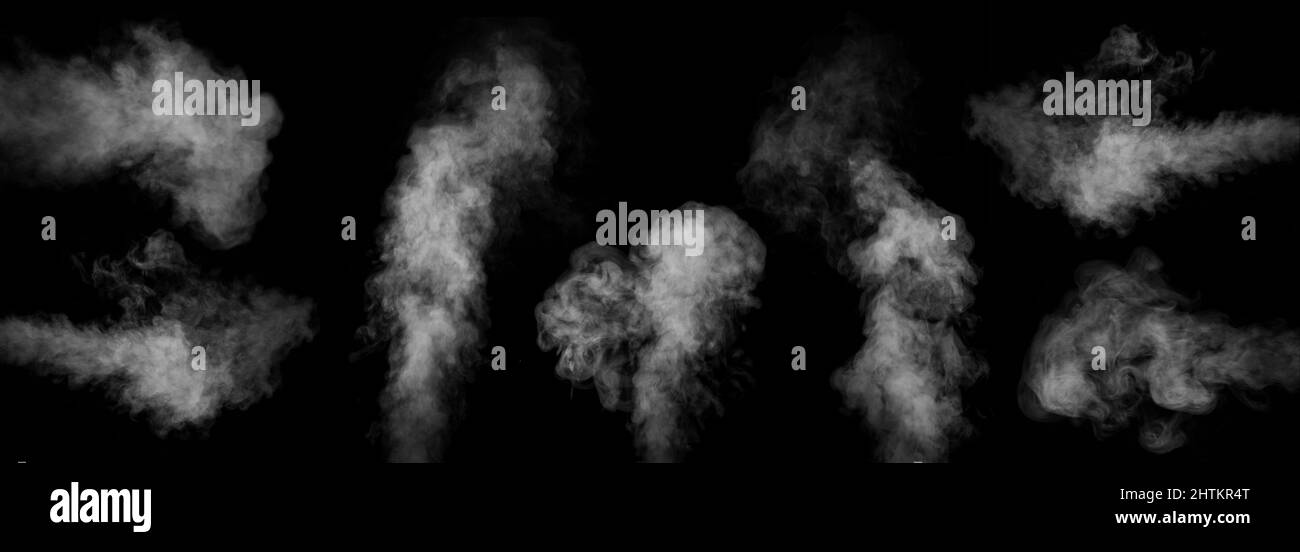 A set of seven different types of swirling, writhing smoke, steam ...