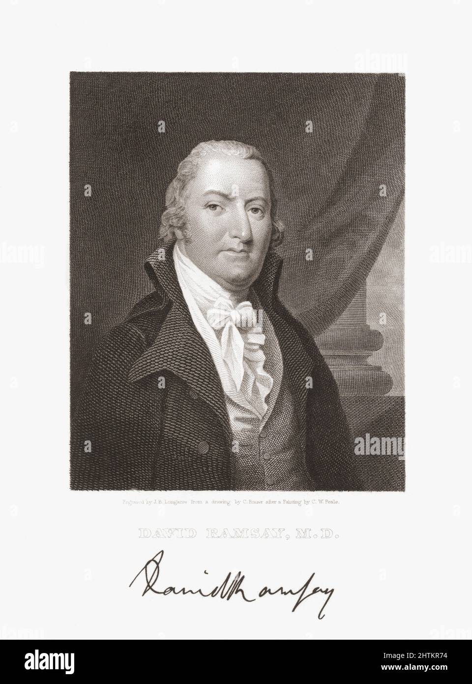 David Ramsay, 1749 - 1815.  American physician and acclaimed historian of the American Revoutionary War.  Ramsay was murdered by a mentally ill man he had examined for a court proceeding.  After an engraving by J.B. Longacre from a drawing by C. Frazer after a painting by C.W. Peale. Stock Photo