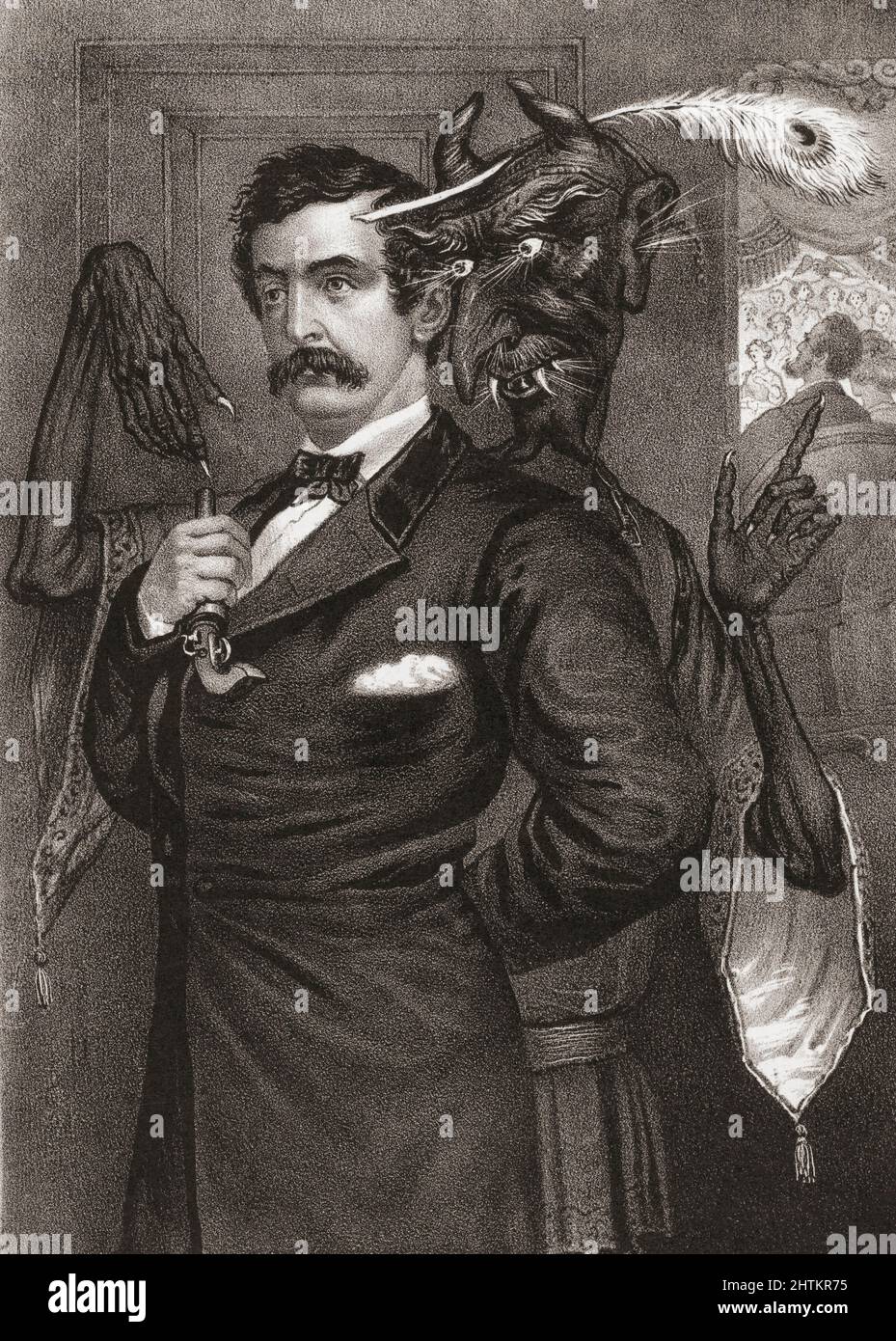 Satan Tempting Booth to the Murder of the President.  From a print dated 1865 by an unidentified artist.  After John Wilkes Booth's assassination of President Abraham Lincoln on April 14, 1865, an outpouring of grief deluged the nation, with press and public alike seeking answers for Booth's reasoning for the murder.  This was one of them. Stock Photo