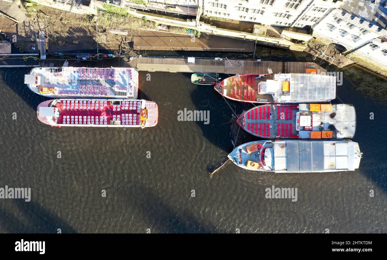 Aerial drone birds eye view of tourist boats on River Ouse York England Stock Photo