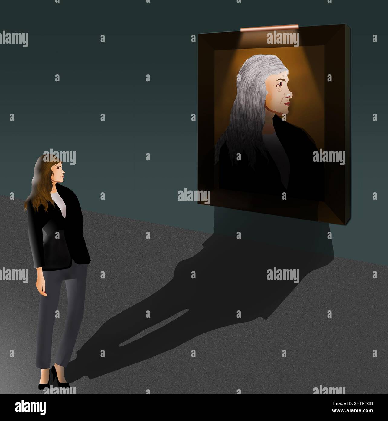 A woman stands in front of a framed picture of herself only at a much older age in a 3-d illustration about growing old. Stock Photo