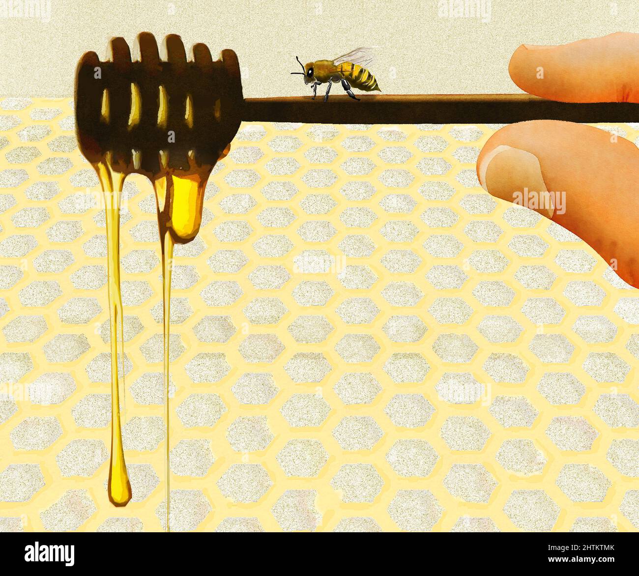 Healthy honey is seen dripping from a wooden honey dipper with one