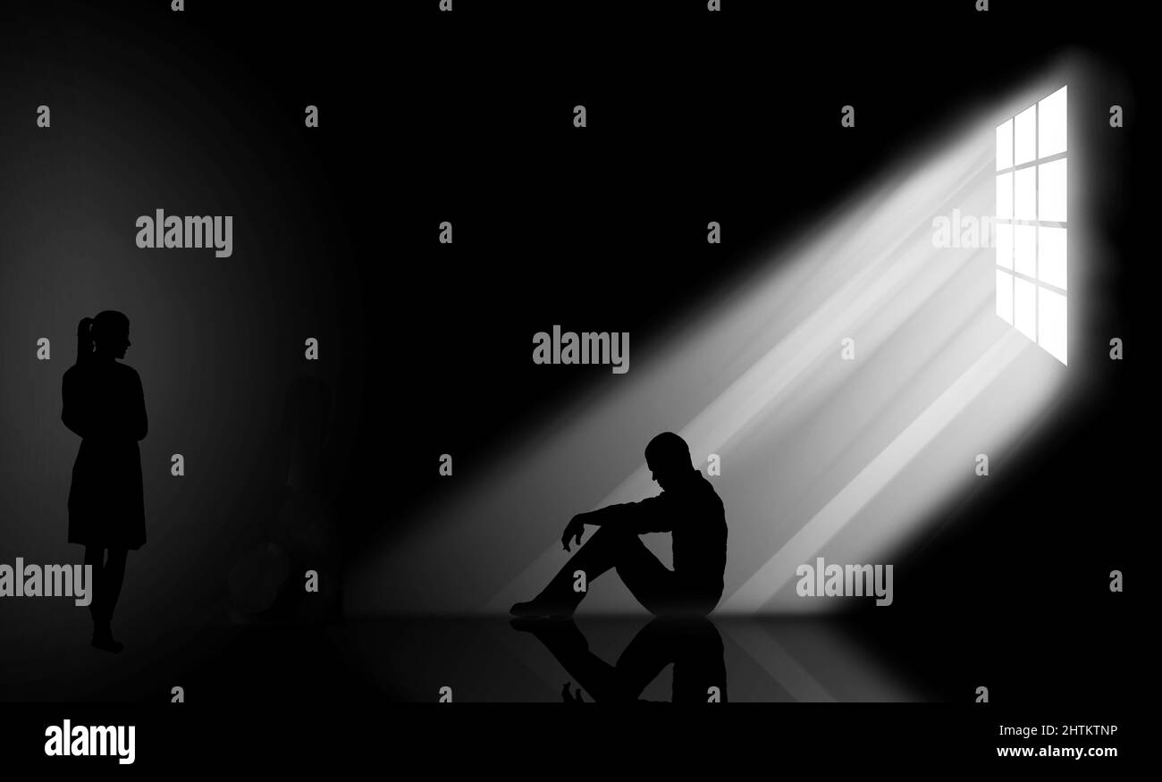 Living with someone with depression is illustrated with a man seated on ...