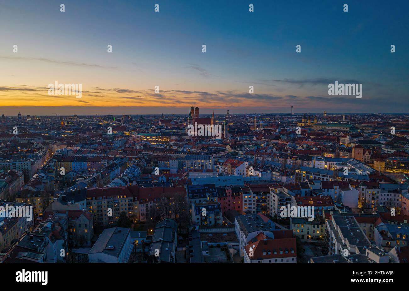 Aerial view of Munich with Frauenkirche and St. Peter's church in the ...