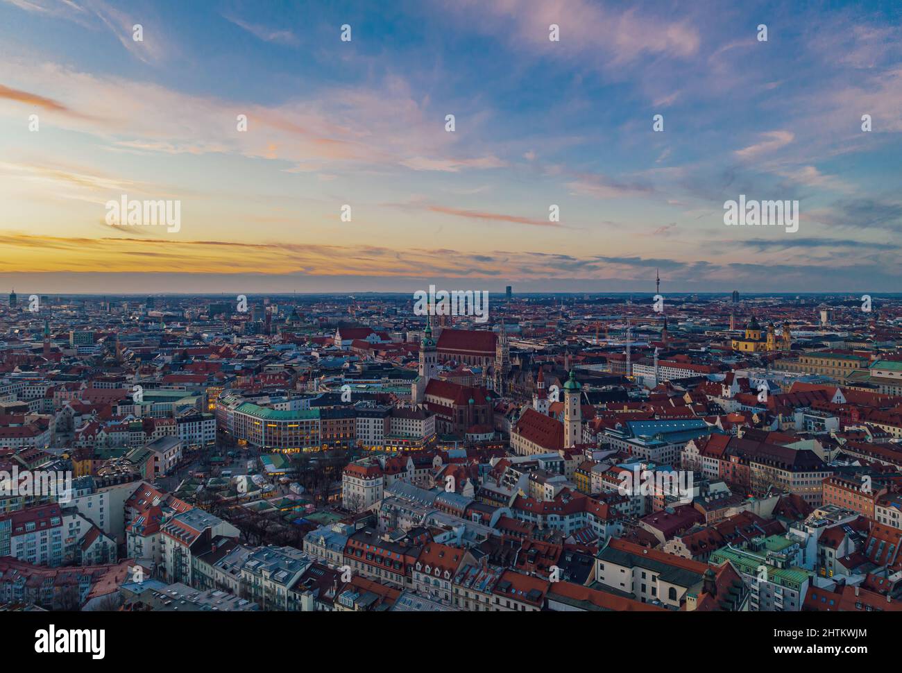 Aerial view of Munich with Frauenkirche and St. Peter's church in the ...