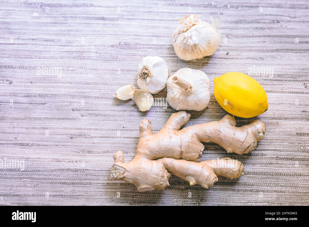 Top view of ginger, lemon and garlic. Immune system boosters Stock Photo