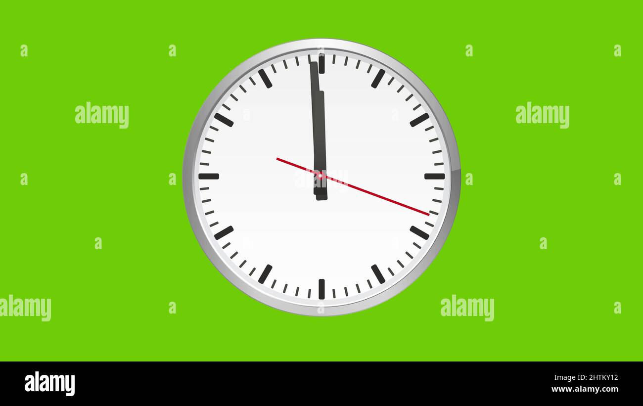 Analog clock, one minute to twelve hours, on green screen. 3d rendering