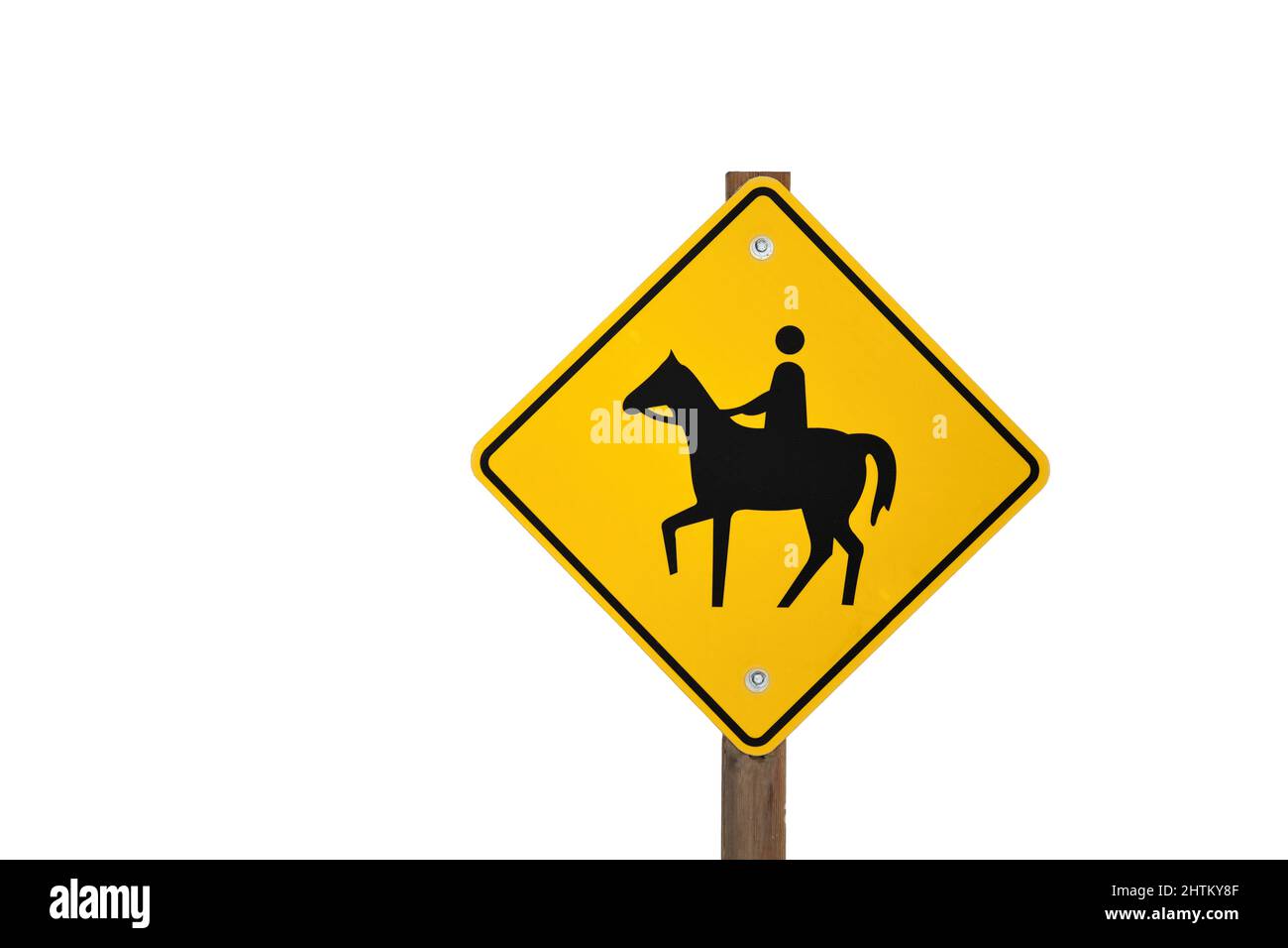 Yellow Caution Horse Rider Riding Sign Isolated Against a White Background Stock Photo