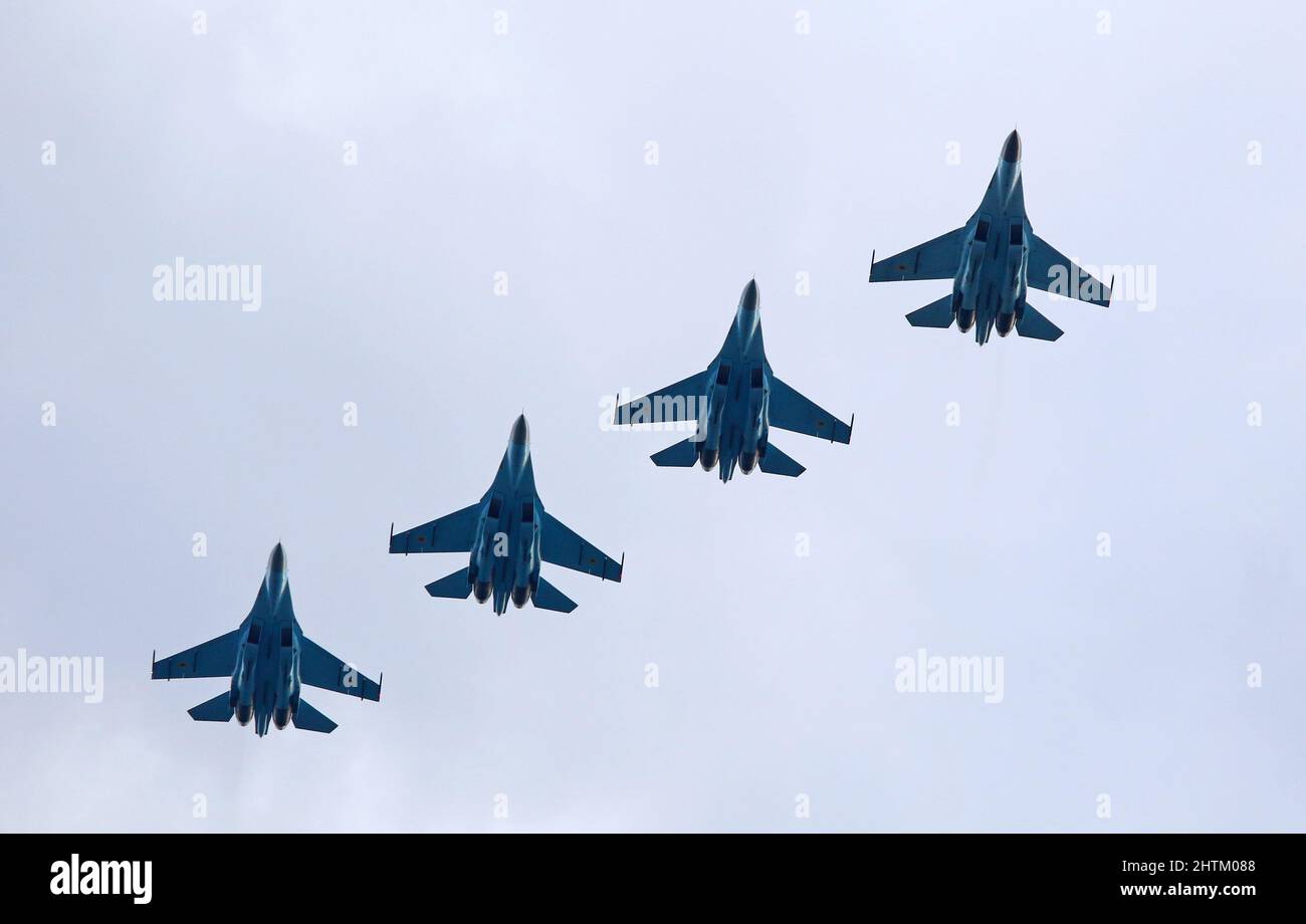 Kyiv, Ukraine - August 24, 2021: Ukrainian Air Force Su-27 Flanker planes in the sky over Kyiv during the Ukraine Independence Day Parade Stock Photo