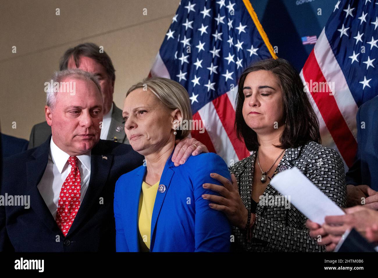 United States House Minority Whip Steve Scalise (Republican of Louisiana), left, and United States Representative Nicole Malliotakis (Republican of New York), right, comfort United States Representative Victoria Spartz (Republican of Indiana), center, following her emotional remarks on the current situation in her home country of Ukraine, as GOP House leadership offers remarks on United States President Joe Biden's upcoming State of the Union Address, in the Rayburn House Office Building in Washington, DC, Tuesday, March 1, 2022. Rep. Spartz was born in Nosivka, Ukraine. Credit: Rod Lamkey/C Stock Photo