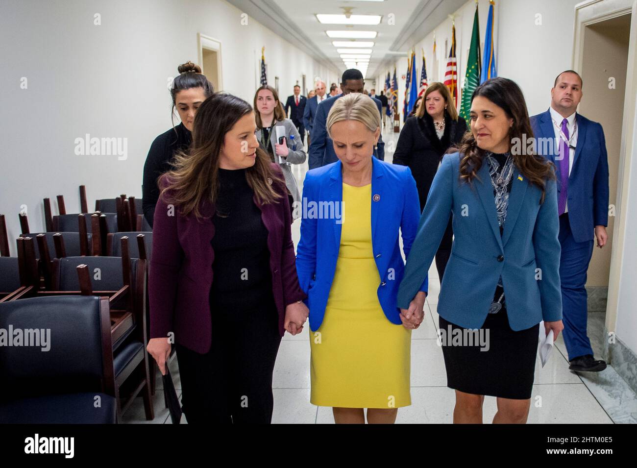 United States Representative Victoria Spartz (Republican of Indiana), center, is comforted by House Republican Conference Chair United States Representative Elise Stefanik (Republican of New York), left, and United States Representative Stephanie Bice (Republican of Oklahoma), right, following a GOP House leadership press conference on the situation in Ukraine and United States President Joe Biden's upcoming State of the Union Address, in the Rayburn House Office Building in Washington, DC, Tuesday, March 1, 2022. Rep. Spartz was born in Nosivka, Ukraine. Credit: Rod Lamkey/CNP/Sipa USA Stock Photo