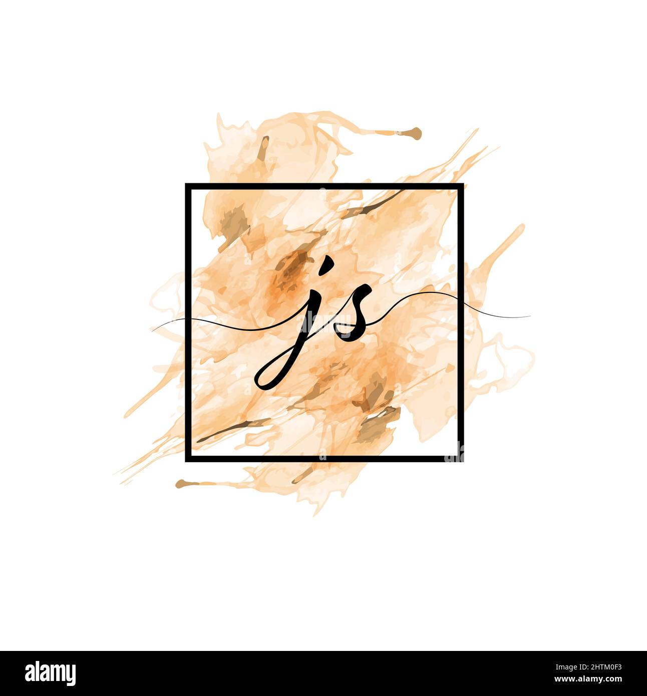 Calligraphic lowercase letters J and S are written in a solid line on a colored background in a frame. Stock Vector